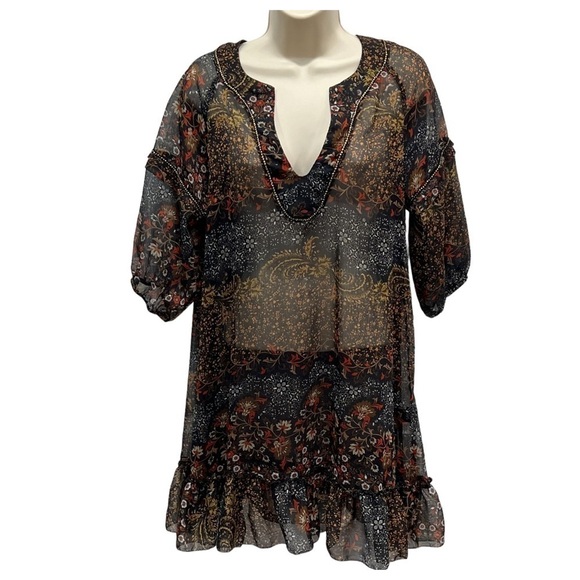 Patterson J Kincaid Sheer Boho Floral Slip Dress Tunic Gold Bead Accents Small - Picture 1 of 8